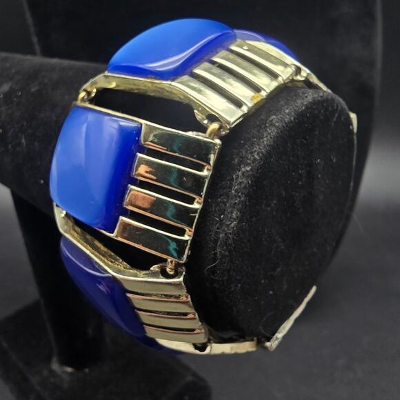 Vintage Charel Blue Thermoset Bracelet Panel Link Chunky Statement - Picture 1 of 10